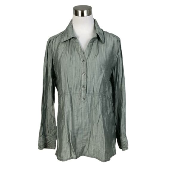 J.Jill Blouse Quarter Button Down Satin Ruched Waist Collared Green 4X - Picture 1 of 6